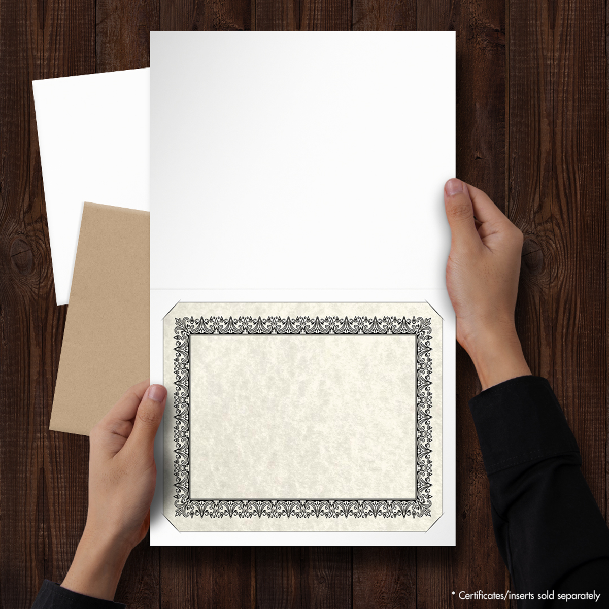 White Semi-Gloss 12pt C1S 9 1/2 x 12 Landscape or Portrait Certificate Holders with Square Corner Slits (Holds 8 1/2 x 11 Certificate)