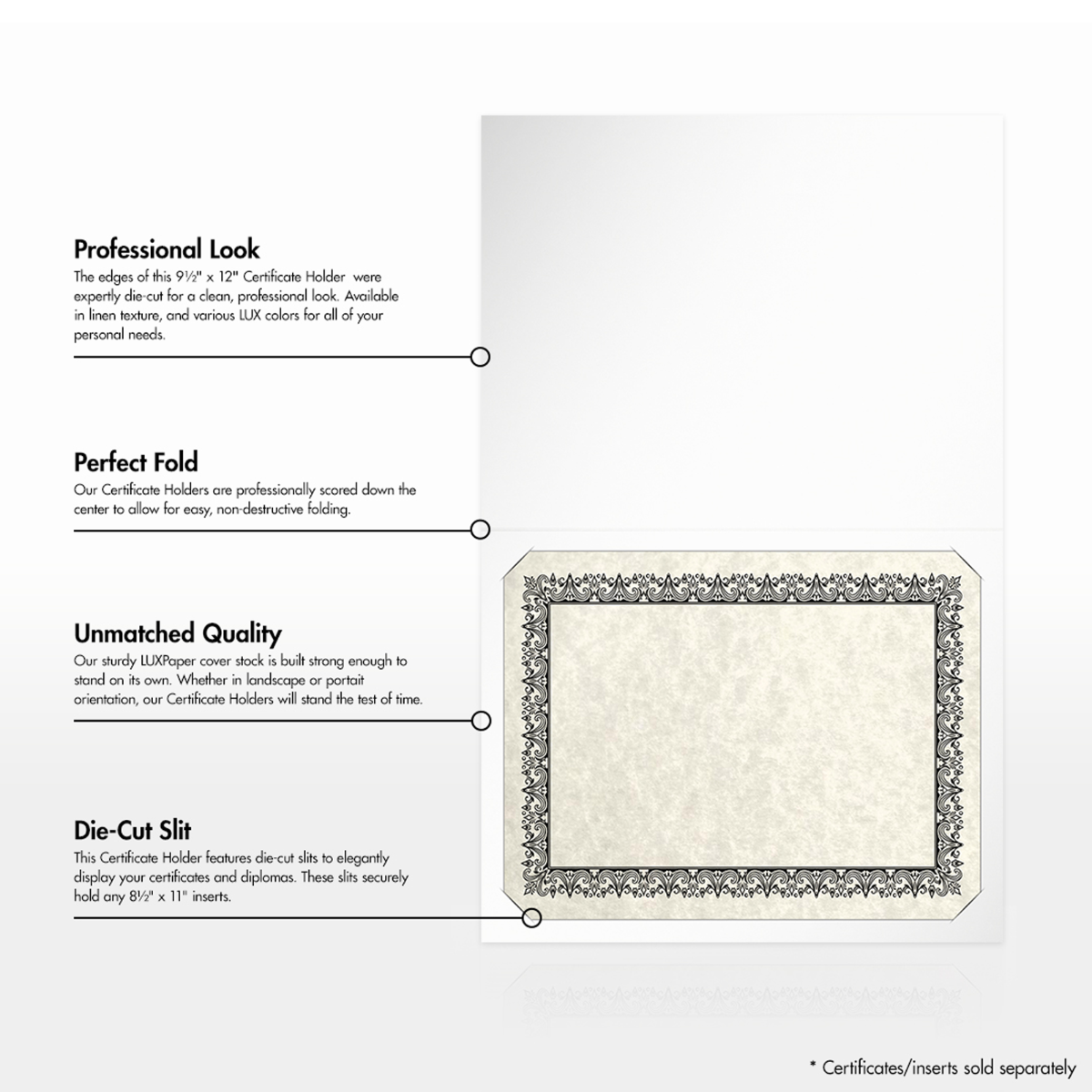 White Semi-Gloss 12pt C1S 9 1/2 x 12 Landscape or Portrait Certificate Holders with Square Corner Slits (Holds 8 1/2 x 11 Certificate)