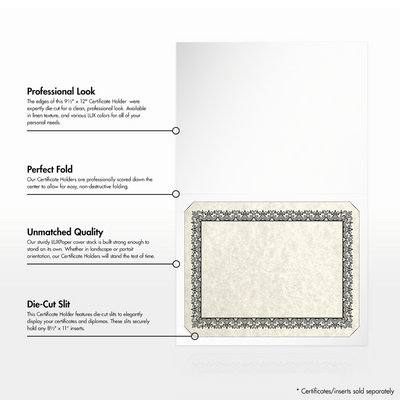 White Semi-Gloss 12pt C1S 9 1/2 x 12 Landscape or Portrait Certificate Holders with Square Corner Slits (Holds 8 1/2 x 11 Certificate)