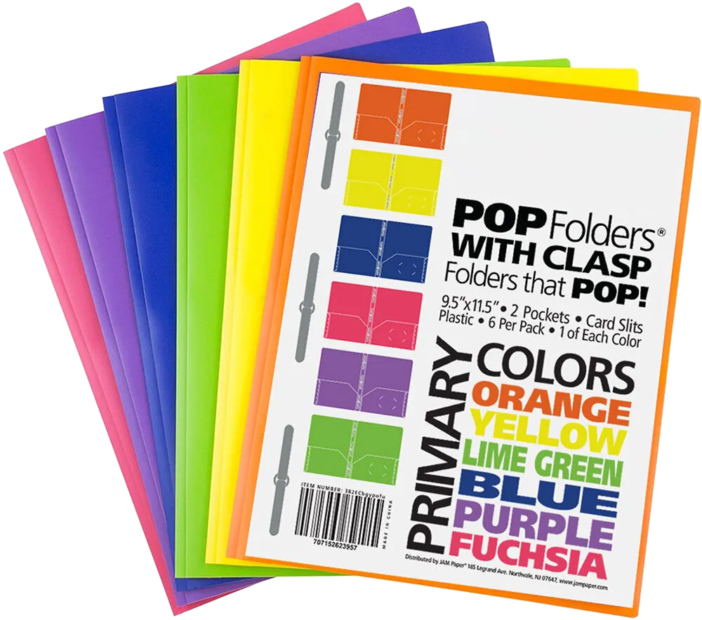 Assorted Primary 9 x 12 Plastic Pop with Clasp Folders - 6 Pack