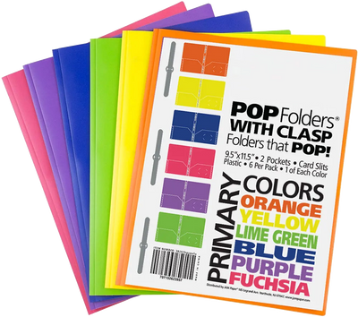 Assorted Primary 9 x 12 Plastic Pop with Clasp Folders - 6 Pack