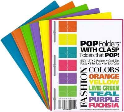 Assorted Fashion 9 x 12 Plastic Pop with Clasp Folders - 6 Pack
