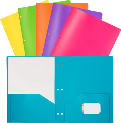 Assorted Fashion 9 1/2 x 11 1/2 Plastic Pop 3 Hole Punch Folders - 6 Pack
