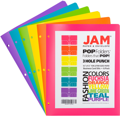 Assorted Fashion 9 1/2 x 11 1/2 Plastic Pop 3 Hole Punch Folders - 6 Pack