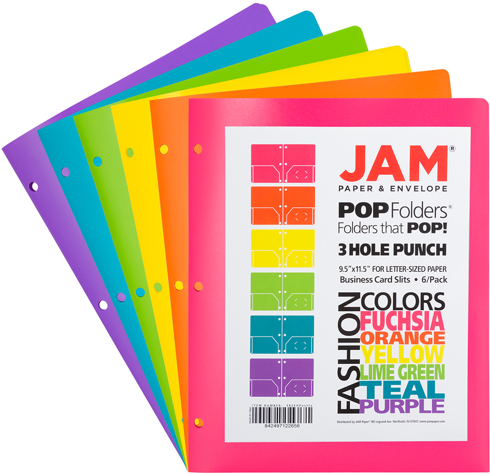 Assorted Fashion 9 1/2 x 11 1/2 Plastic Pop 3 Hole Punch Folders - 6 Pack