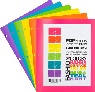 Assorted Fashion 9 1/2 x 11 1/2 Plastic Pop 3 Hole Punch Folders - 6 Pack