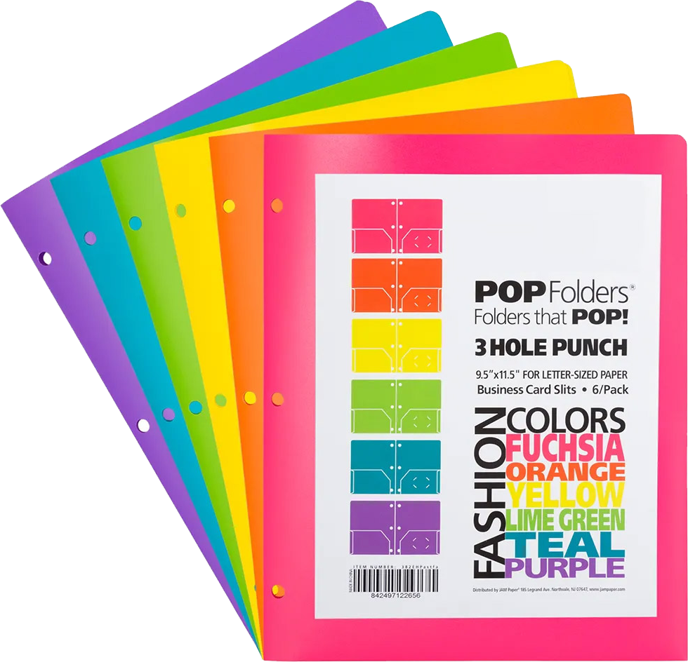 Assorted Fashion 9 1/2 x 11 1/2 Plastic Pop 3 Hole Punch Folders - 6 Pack