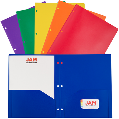 Assorted Primary 9 1/2 x 11 1/2 Plastic Pop 3 Hole Punch Folders - 6 Pack