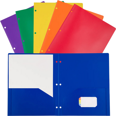 Assorted Primary 9 1/2 x 11 1/2 Plastic Pop 3 Hole Punch Folders - 6 Pack