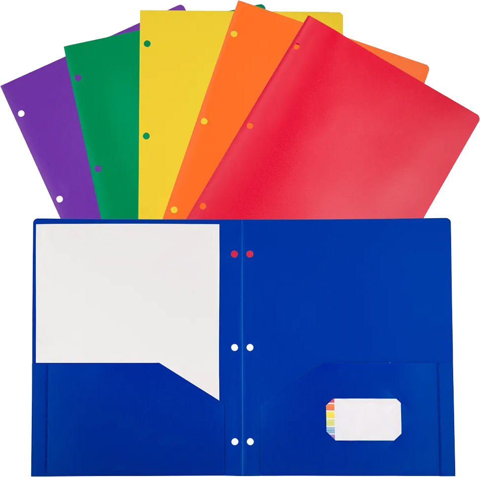 Assorted Primary 9 1/2 x 11 1/2 Plastic Pop 3 Hole Punch Folders - 6 Pack