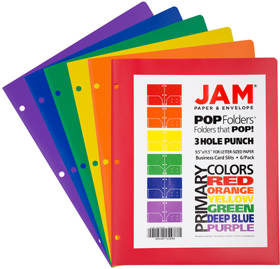 Assorted Primary 9 1/2 x 11 1/2 Plastic Pop 3 Hole Punch Folders - 6 Pack
