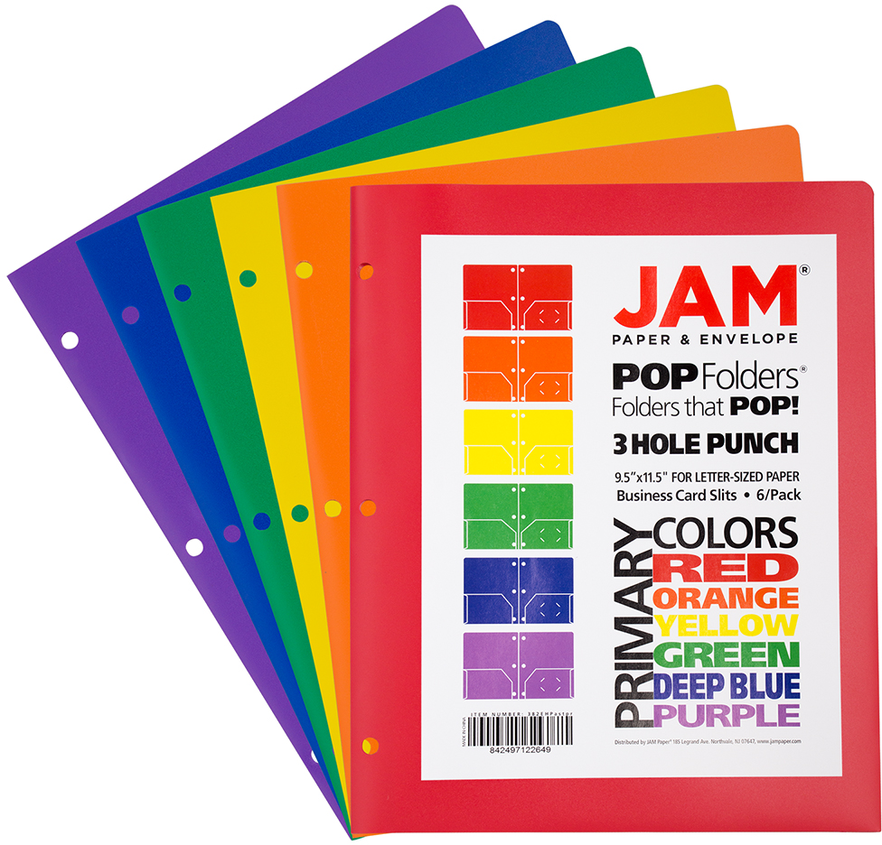 Assorted Primary 9 1/2 x 11 1/2 Plastic Pop 3 Hole Punch Folders - 6 Pack