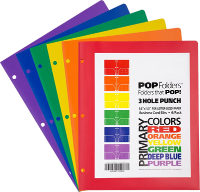 Assorted Primary 9 1/2 x 11 1/2 Plastic Pop 3 Hole Punch Folders - 6 Pack