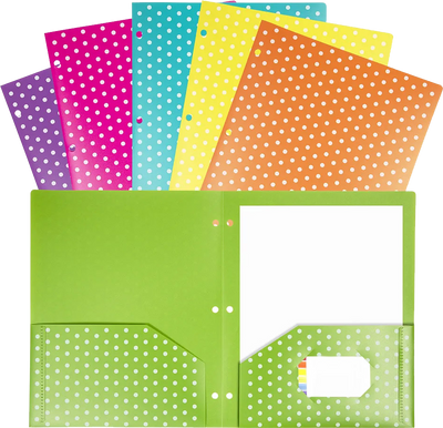 Assorted Dot Fashion Plastic Pop 3 Hole Punch Folders - 6 Pack