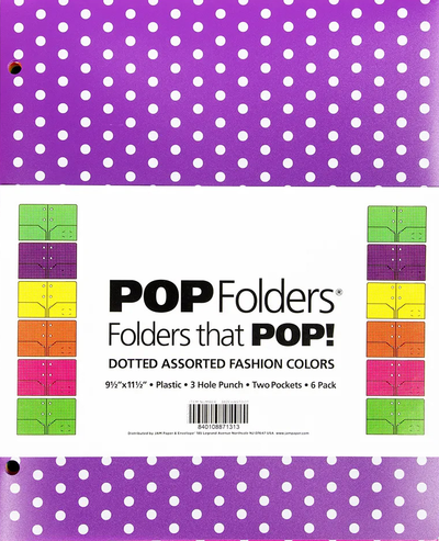 Assorted Dot Fashion Plastic Pop 3 Hole Punch Folders - 6 Pack