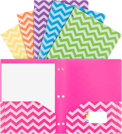 Assorted Chevron 9 ½ x 11 5/8 Plastic 3 Hole Punch Folders - 6 Pack