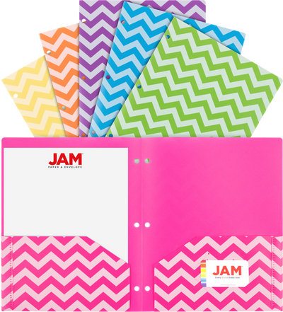 Assorted Chevron 9 ½ x 11 5/8 Plastic 3 Hole Punch Folders - 6 Pack
