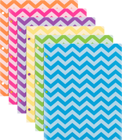 Assorted Chevron 9 ½ x 11 5/8 Plastic 3 Hole Punch Folders - 6 Pack