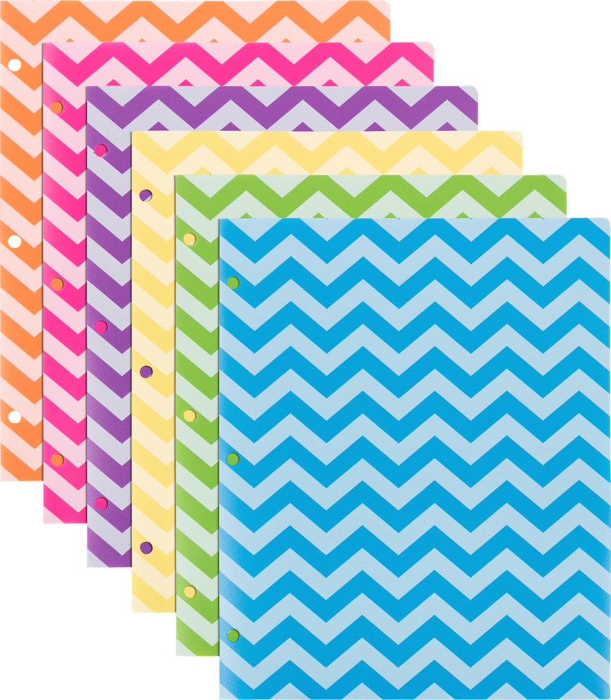 Assorted Chevron 9 ½ x 11 5/8 Plastic 3 Hole Punch Folders - 6 Pack