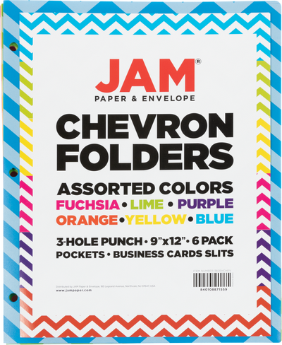Assorted Chevron 9 ½ x 11 5/8 Plastic 3 Hole Punch Folders - 6 Pack