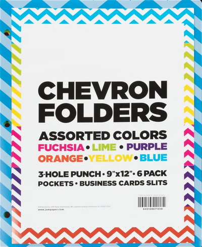 Assorted Chevron 9 ½ x 11 5/8 Plastic 3 Hole Punch Folders - 6 Pack