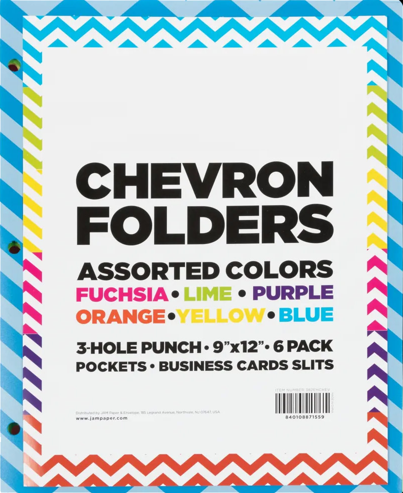 Assorted Chevron 9 ½ x 11 5/8 Plastic 3 Hole Punch Folders - 6 Pack
