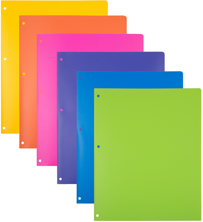 Assorted Fashion 9 x 12 Plastic Heavy Duty 3 Hole Punch Folders - 6 Pack