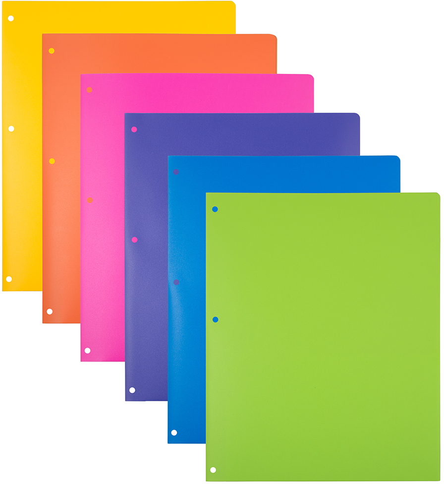 Assorted Fashion 9 x 12 Plastic Heavy Duty 3 Hole Punch Folders - 6 Pack