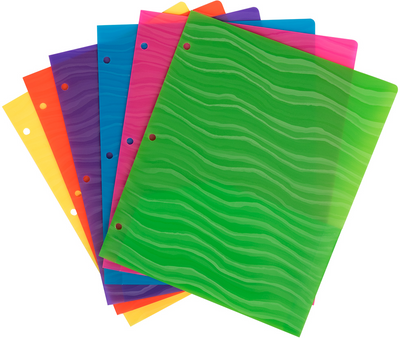 Assorted Wave 9 1/2 x 11 5/8 Plastic Heavy Duty 3 Hole Punch Folders - 6 Pack