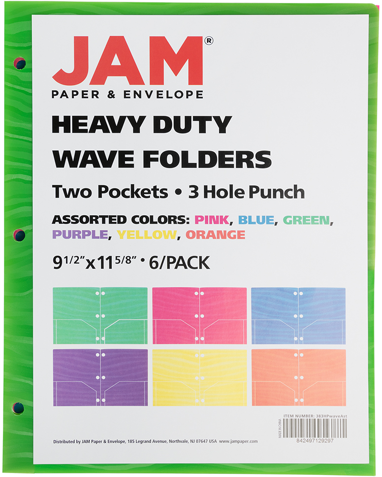 Assorted Wave 9 1/2 x 11 5/8 Plastic Heavy Duty 3 Hole Punch Folders - 6 Pack