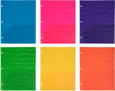 Assorted Wave 9 1/2 x 11 5/8 Plastic Heavy Duty 3 Hole Punch Folders - 6 Pack