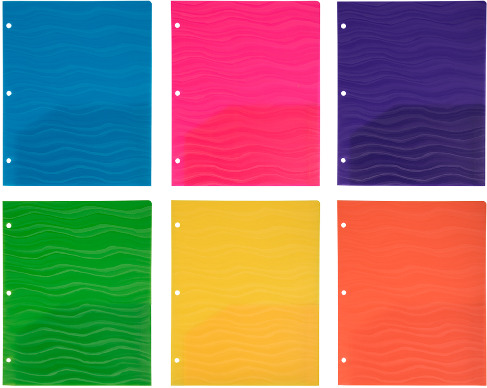 Assorted Wave 9 1/2 x 11 5/8 Plastic Heavy Duty 3 Hole Punch Folders - 6 Pack
