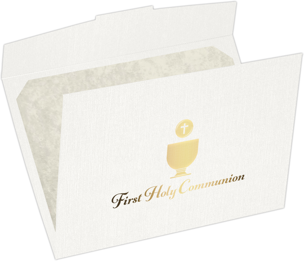 White Linen 100lb 6 1/2 x 9 1/2 Certificate Holders with Gold Foil First Holy Communion