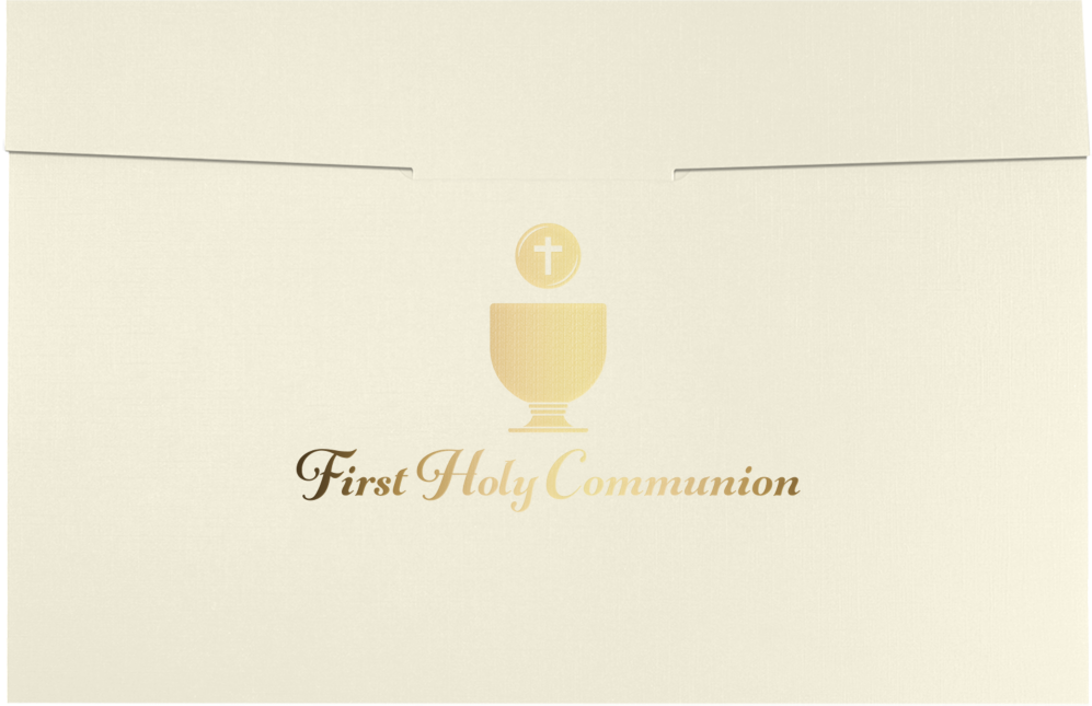 Natural Linen 100lb 6 1/2 x 9 1/2 Certificate Holders with Gold Foil First Holy Communion