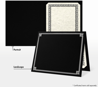 Black Linen 100lb 9 1/2 x 12 Certificate Holders with Silver Foil Border