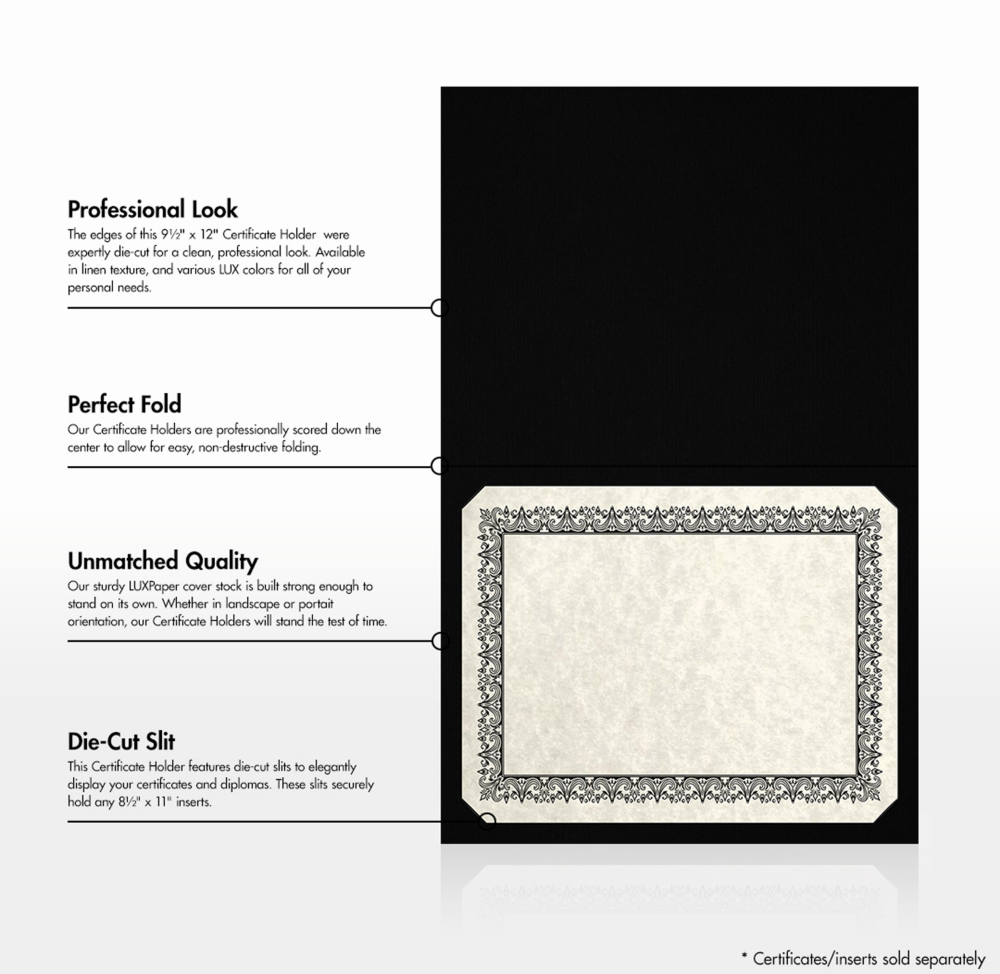Black Linen 100lb 9 1/2 x 12 Certificate Holders with Silver Foil Border