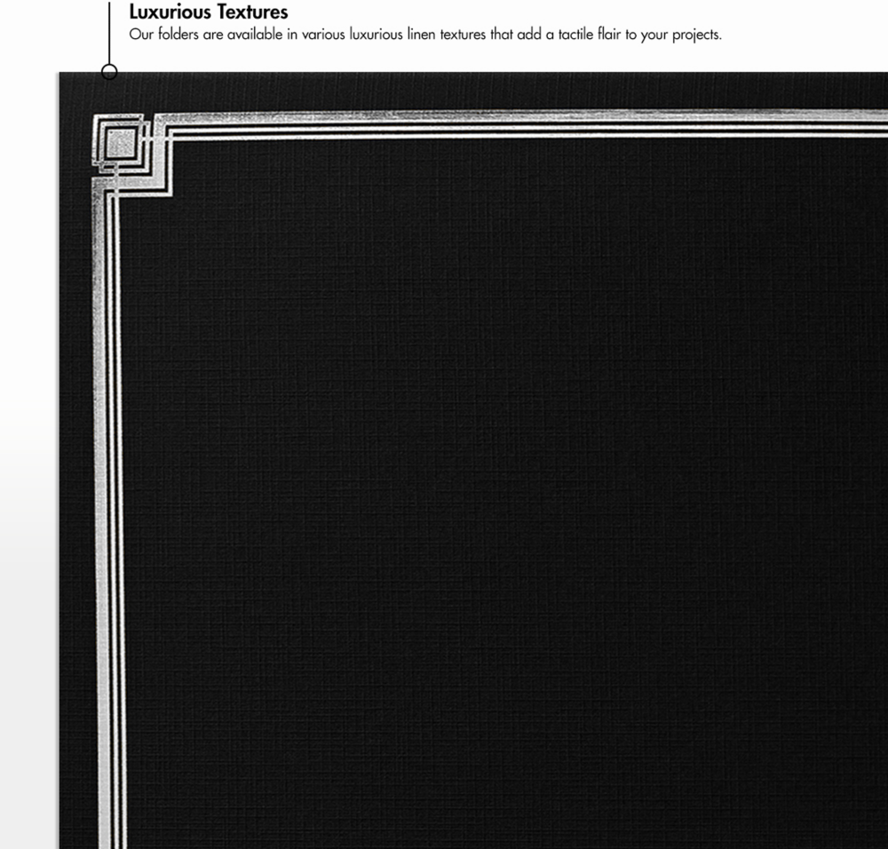 Black Linen 100lb 9 1/2 x 12 Certificate Holders with Silver Foil Border