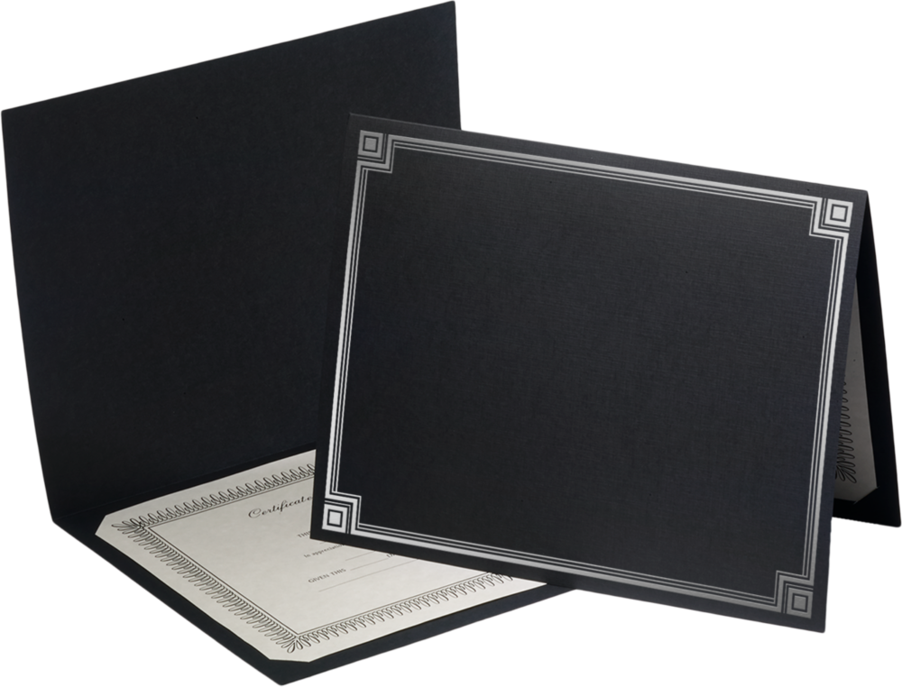 Black Linen 100lb 9 1/2 x 12 Certificate Holders with Silver Foil Border