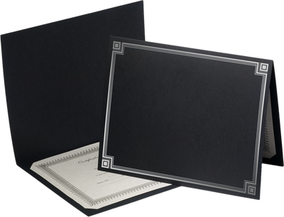 Black Linen 100lb 9 1/2 x 12 Certificate Holders with Silver Foil Border