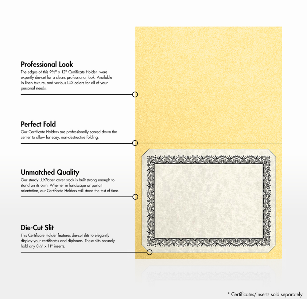Gold Metallic 9 1/2 x 12 Landscape Certificate Holders with Square Corner Slits