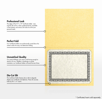Gold Metallic 9 1/2 x 12 Landscape Certificate Holders with Square Corner Slits