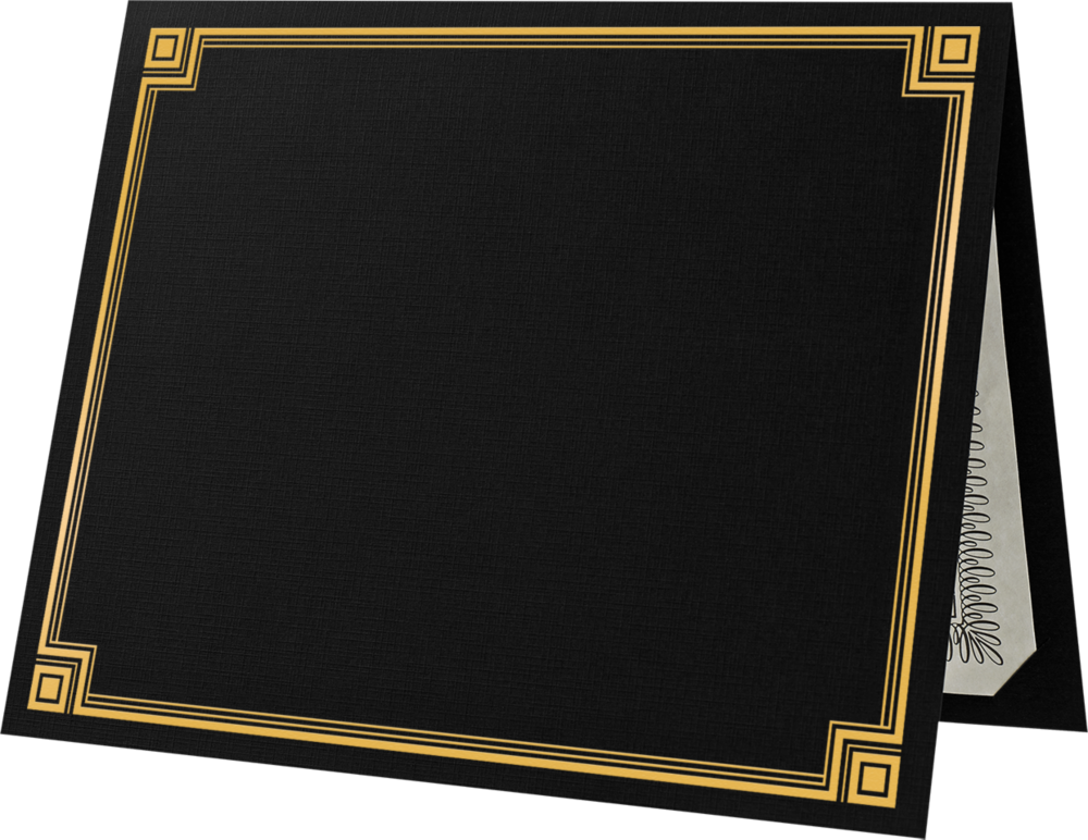 Black Linen 100lb 9 1/2 x 12 Certificate Holders with Gold Foil Border