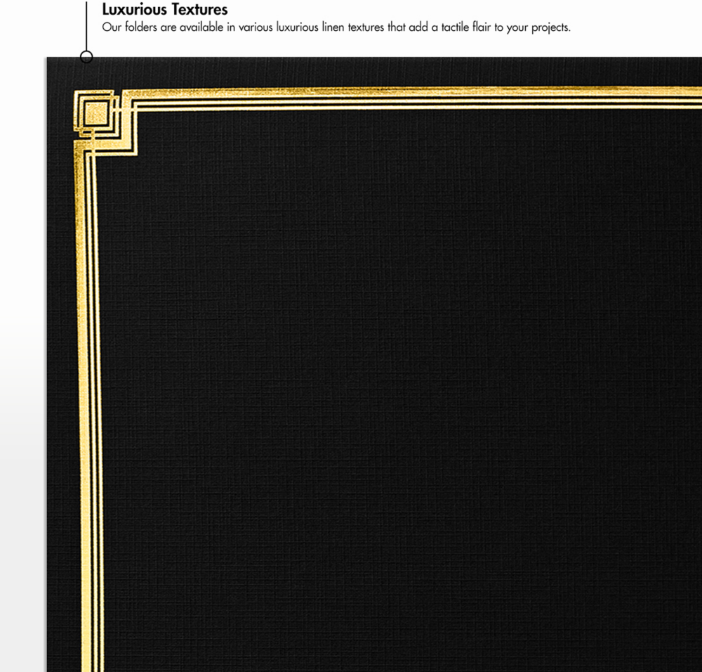 Black Linen 100lb 9 1/2 x 12 Certificate Holders with Gold Foil Border