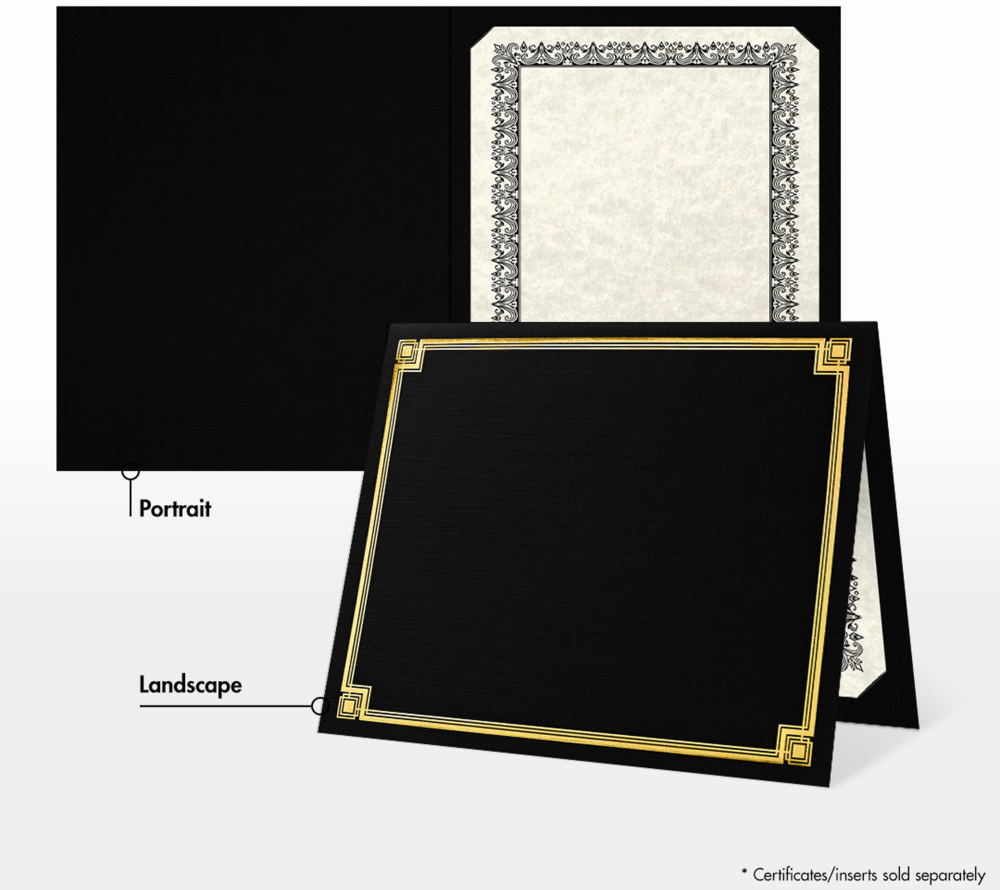 Black Linen 100lb 9 1/2 x 12 Certificate Holders with Gold Foil Border