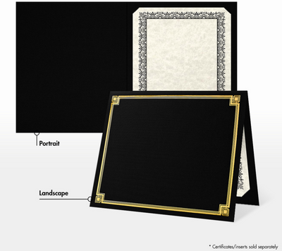 Black Linen 100lb 9 1/2 x 12 Certificate Holders with Gold Foil Border