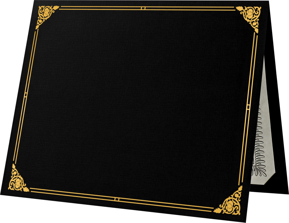 Black Linen 100lb 9 1/2 x 12 Certificate Holders with Gold Foil Floral Border