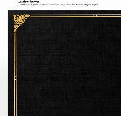 Black Linen 100lb 9 1/2 x 12 Certificate Holders with Gold Foil Floral Border
