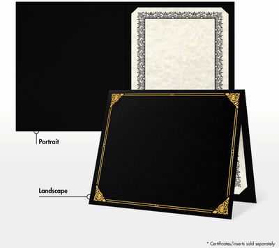 Black Linen 100lb 9 1/2 x 12 Certificate Holders with Gold Foil Floral Border