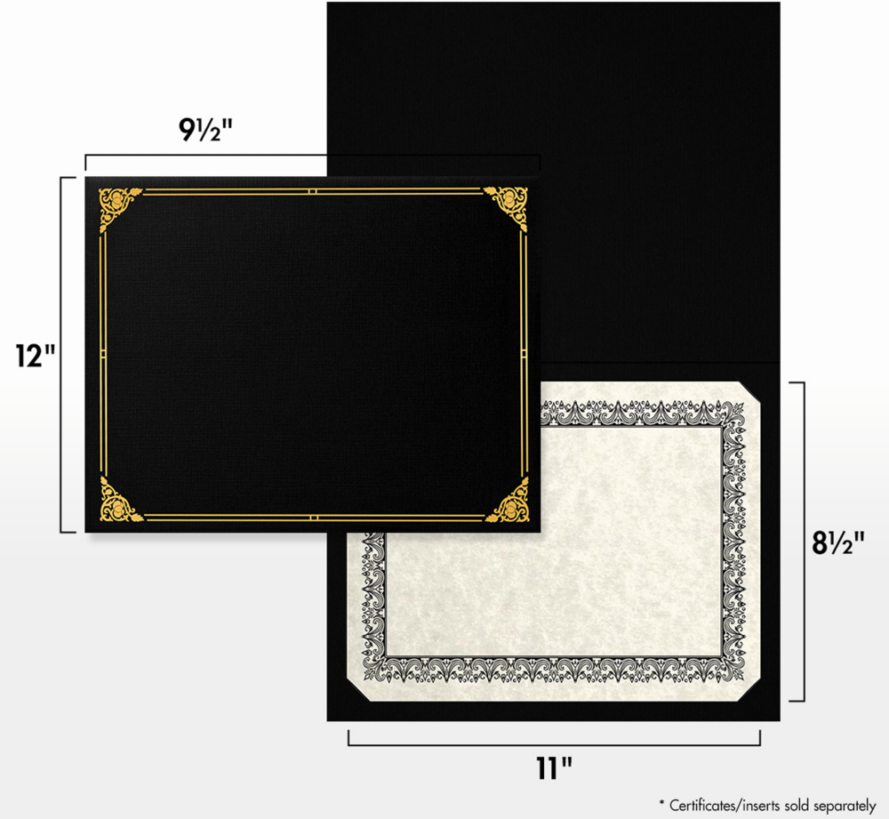 Black Linen 100lb 9 1/2 x 12 Certificate Holders with Gold Foil Floral Border