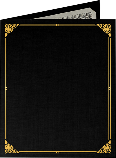 Black Linen 100lb 9 1/2 x 12 Certificate Holders with Gold Foil Floral Border